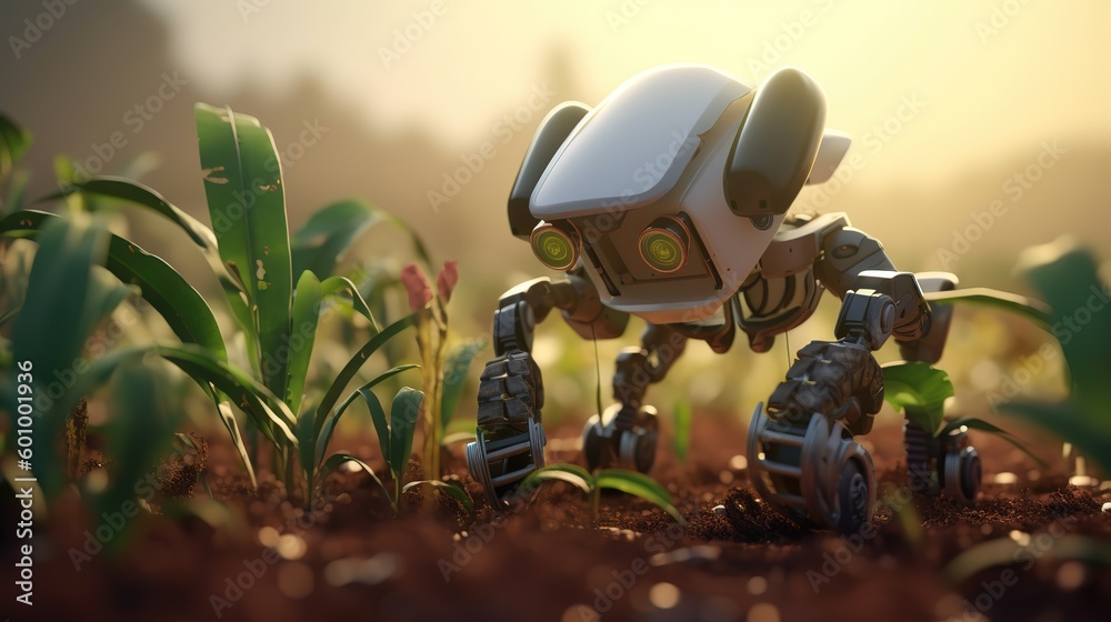 Poster smart robotic farmers concept, robot farmers. futuristic technologies of the future. generative ai