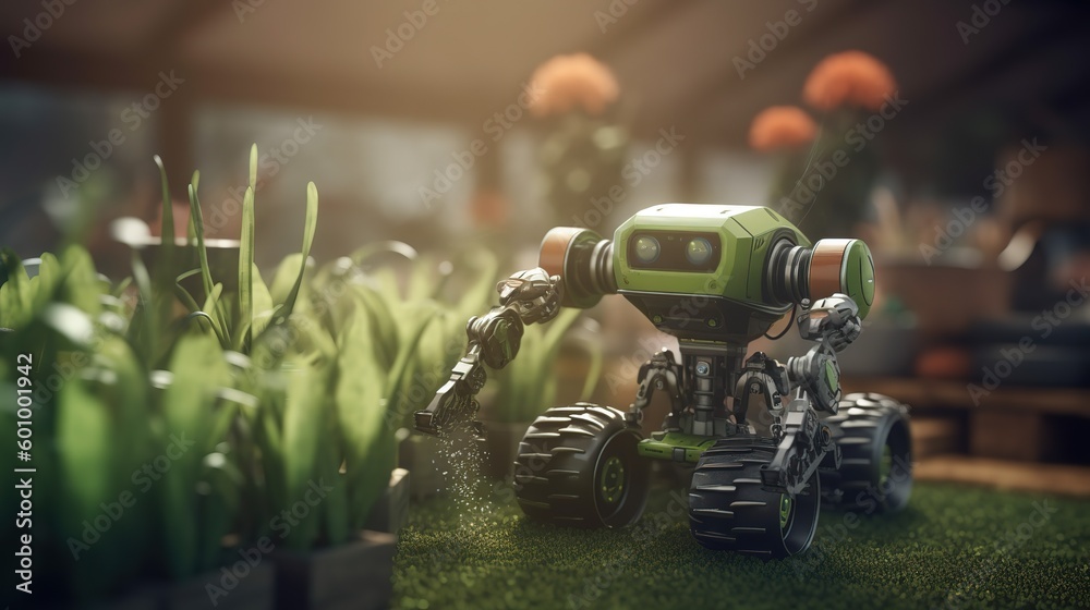 Poster smart robotic farmers concept, robot farmers. futuristic technologies of the future. generative ai
