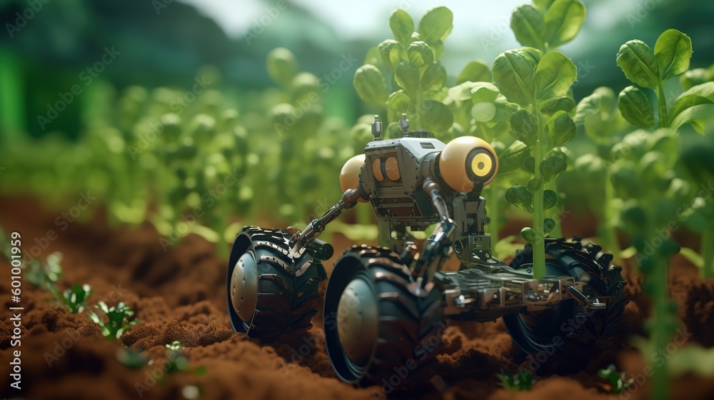 Poster smart robotic farmers concept, robot farmers. futuristic technologies of the future. generative ai