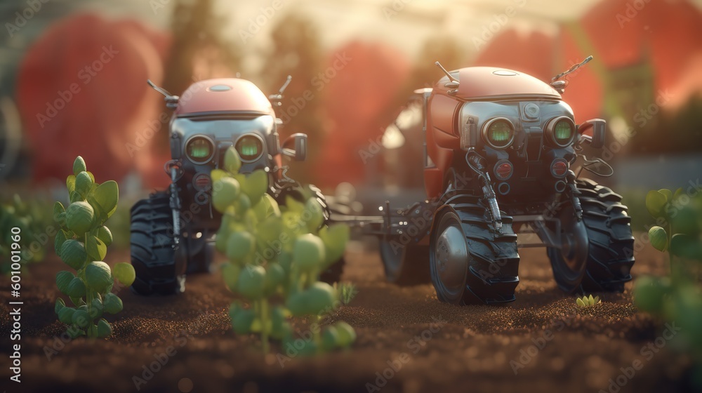 Poster smart robotic farmers concept, robot farmers. futuristic technologies of the future. generative ai