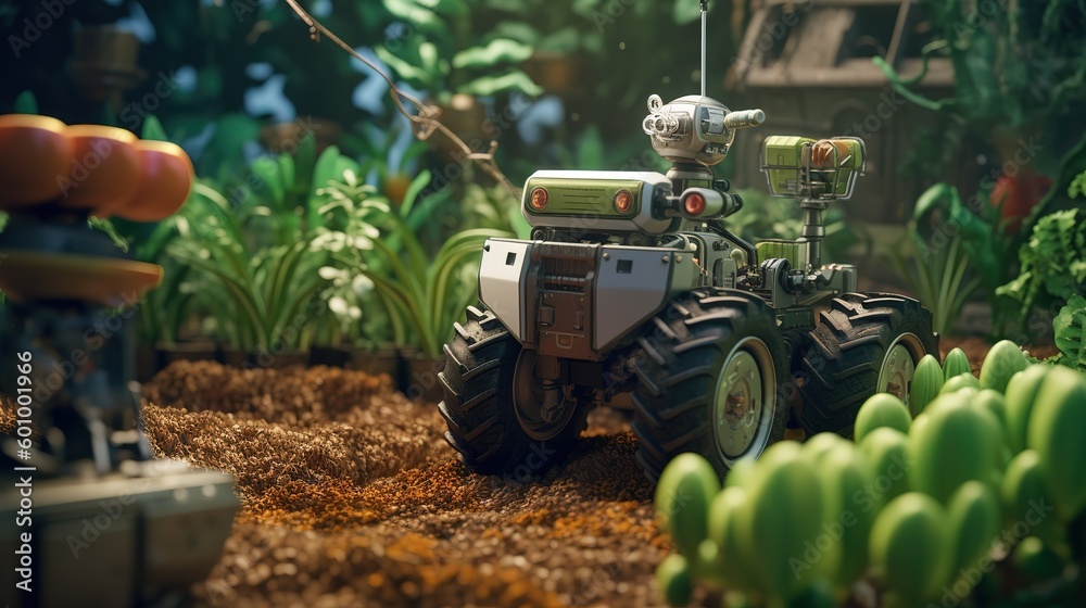 Poster smart robotic farmers concept, robot farmers. futuristic technologies of the future. generative ai