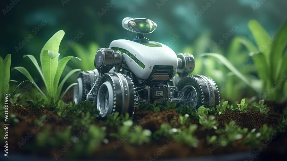 Poster smart robotic farmers concept, robot farmers. futuristic technologies of the future. generative ai