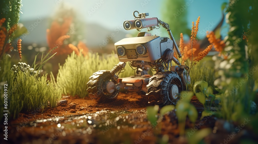 Poster smart robotic farmers concept, robot farmers. futuristic technologies of the future. generative ai
