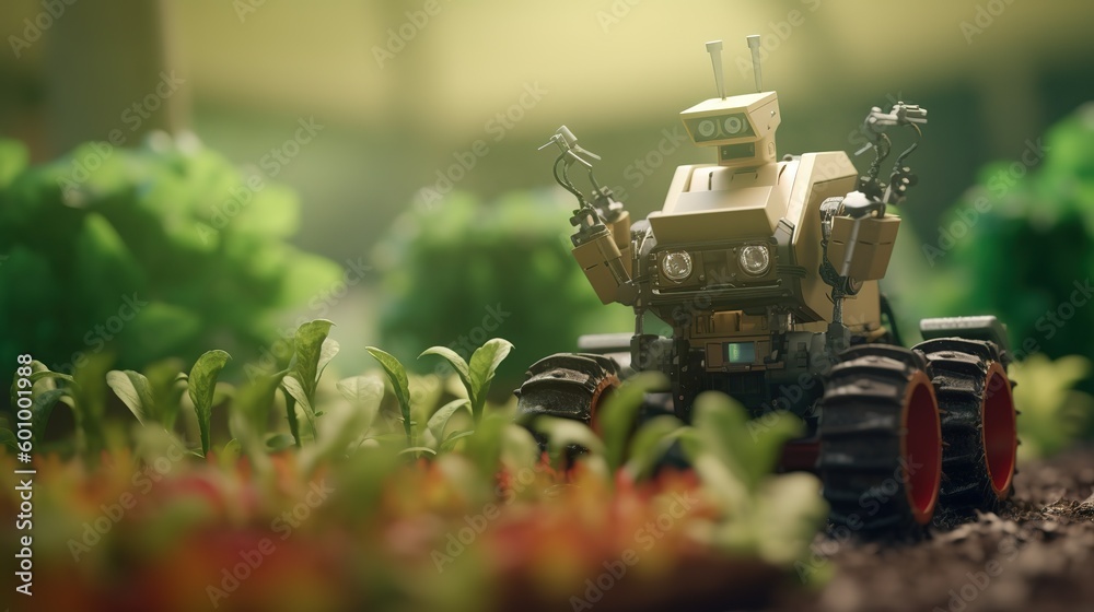 Poster smart robotic farmers concept, robot farmers. futuristic technologies of the future. generative ai