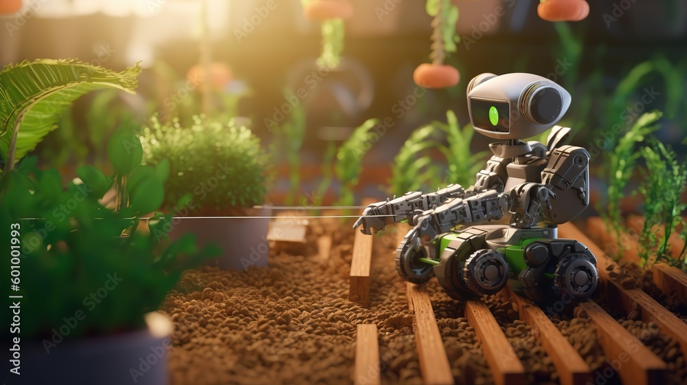Poster smart robotic farmers concept, robot farmers. futuristic technologies of the future. generative ai
