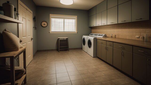 Laundry room in the house with washing machine and dryer. Generative AI