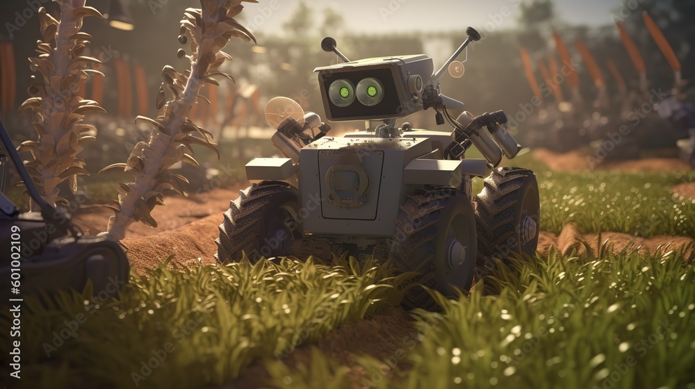 Poster smart robotic farmers concept, robot farmers. futuristic technologies of the future. generative ai