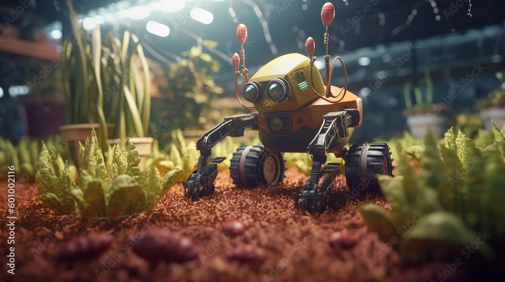 Poster smart robotic farmers concept, robot farmers. futuristic technologies of the future. generative ai