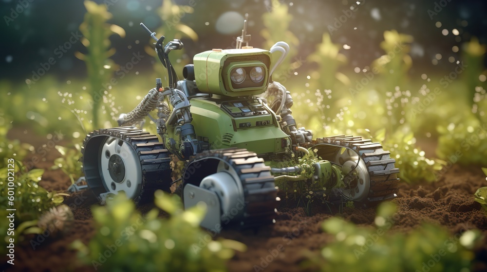Poster smart robotic farmers concept, robot farmers. futuristic technologies of the future. generative ai