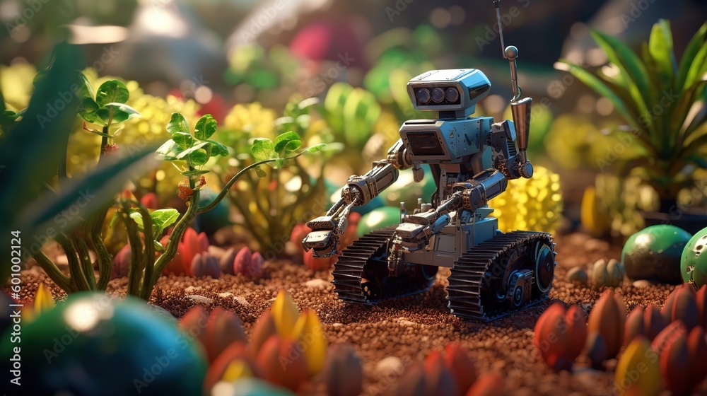 Poster smart robotic farmers concept, robot farmers. futuristic technologies of the future. generative ai