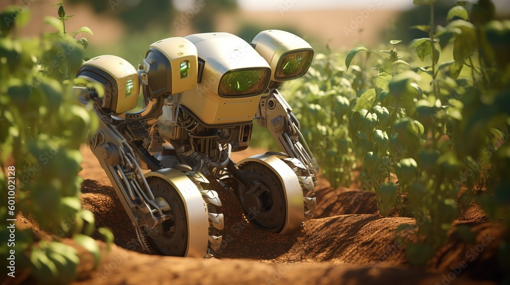 Poster smart robotic farmers concept, robot farmers. futuristic technologies of the future. generative ai