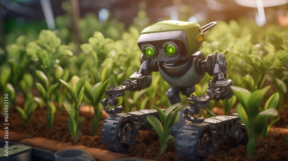 Poster smart robotic farmers concept, robot farmers. futuristic technologies of the future. generative ai