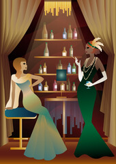 girls in vintage dresses. shelves with alcohol. Vintage art deco style invitation template design for drink list, bar menu, glamorous event, themed wedding, jazz party flyer, etc.