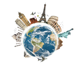 Isolated famous landmarks of the world surrounding planet Earth. Travel over the world concept. Paris, London, New York, Roma, India, France, Europe, Usa - 601002135