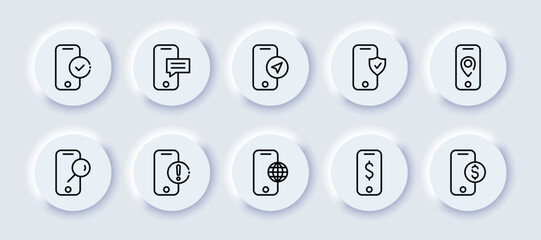 Smartphone features. Neomorphism, black, smartphone icons. Vector icons.