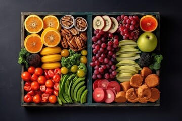 Assorted healthy food with fruit and vegetable in two trays on dark background, Generative AI