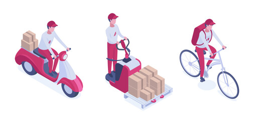 Isometric courier characters. Delivery service, logistic and shipping workers riding bicycle, scooter and forklift 3d vector illustration set