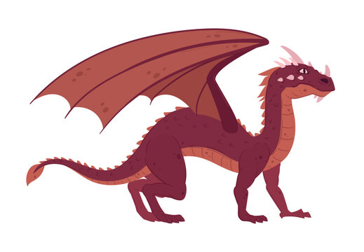 Cartoon dragon. Fantasy reptile, standing winged magic dragon. Fairy fire breathing dragon flat vector illustration