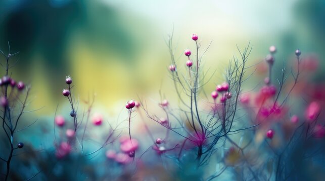 Thin pink flower buds in a field with a soft blur background. Generative ai composite.