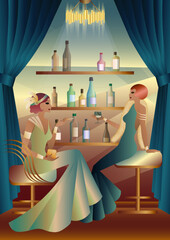 girls in vintage dresses. shelves with alcohol. Vintage art deco style invitation template design for drink list, bar menu, glamorous event, themed wedding, jazz party flyer, etc.