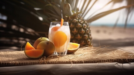 Obraz na płótnie Canvas Tropical Cocktails with Fresh Fruits on a Stunning Beach Paradise with Generative AI
