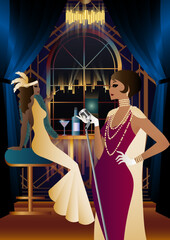 girls in vintage dresses. window. alcohol. Vintage art deco style invitation template design for drink list, bar menu, glamorous event, themed wedding, jazz party flyer, etc.