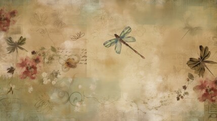 Abstract vintage nature background with flowers and dragonflies. Generative ai composite.
