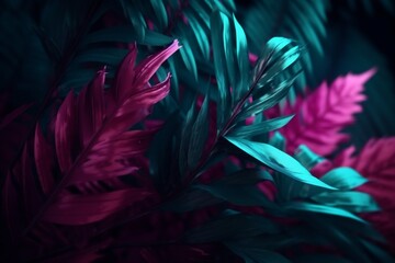 night purple exotic neon tropical plant concept jungle art background leaf. Generative AI.