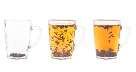 Tea brewing process in transparent glass cup. Three transparent cups of black tea.