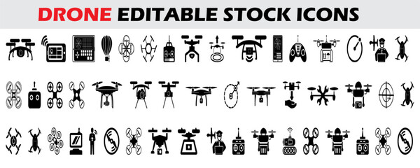 The unmanned aerial vehicle (drone) editable stroke outline icon set includes drone digital technology, camera, delivery, medical, toy, spy aircraft robots, remote control