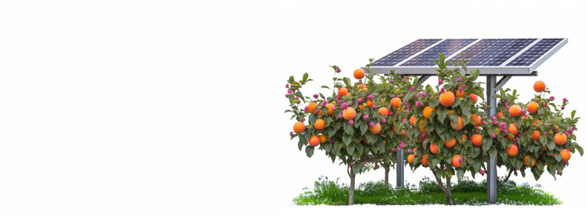 Solar panel in fruit trees on white background, isolate. Clean technologies of future. AI generated.