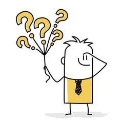 Businessman holding question marks balloon look for solutions.