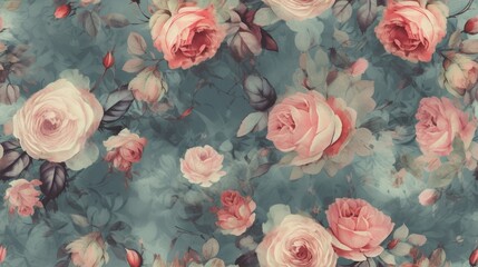 Distressed pink roses on a blue background. Generative ai composite.