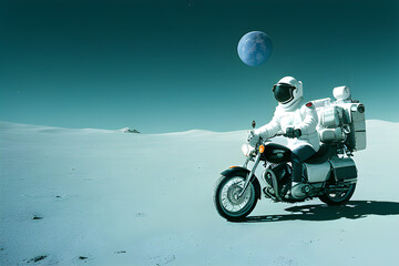 Fototapeta na wymiar space man riding a motorcycle on a moon , person riding a bike