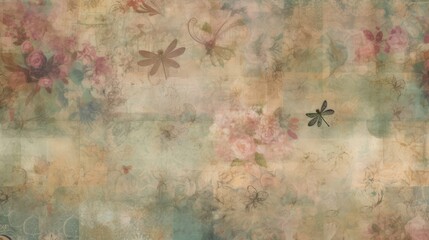 Distressed vintage background with dragonflies and flowers. Generative ai composite.