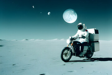 space man riding a motorcycle on a moon , person riding a bike