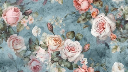 Distressed watercolour pink and white roses on a soft blue background. Generative ai composite.