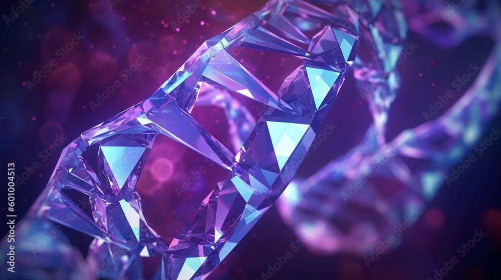Poster Abstract 3d DNA molecule helix with cutted part.Low-poly style. Abstract neon frame style. Generative AI