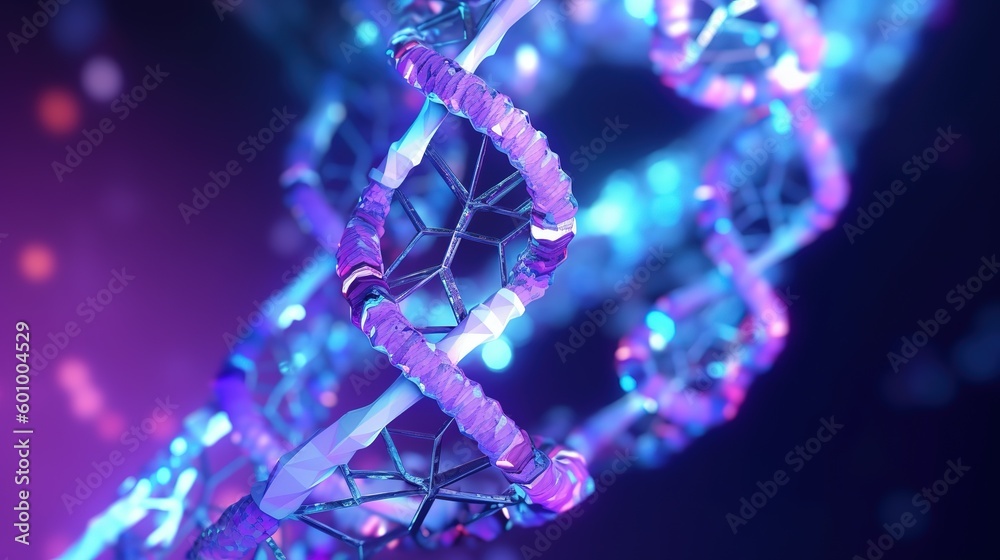 Poster Abstract 3d DNA molecule helix with cutted part.Low-poly style. Abstract neon frame style. Generative AI