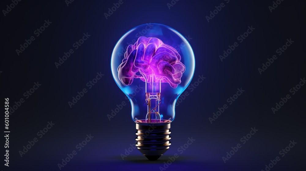 Aufkleber Abstract blue glowing light bulb with violet brains inside.Low-poly style. Abstract neon frame style. Generative AI