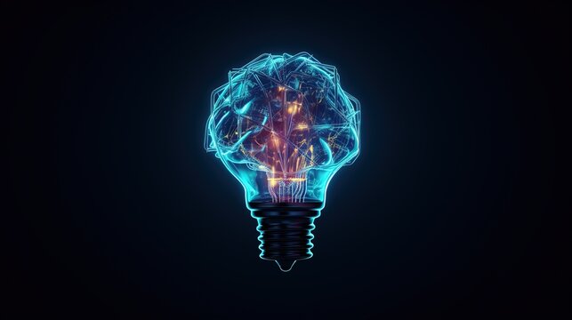 Abstract blue glowing light bulb. Low-poly style. Abstract neon frame style. Generative AI