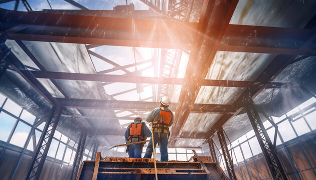 construction worker working at boom lift installation steel roof beam