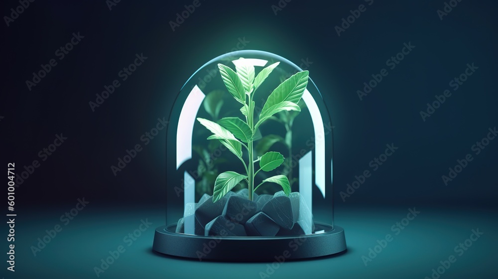 Poster abstract growing plant in soil.low-poly style. abstract neon frame style. generative ai