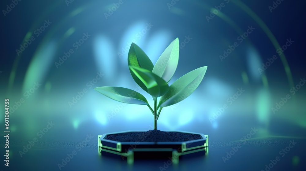 Poster abstract growing plant in soil.low-poly style. abstract neon frame style. generative ai