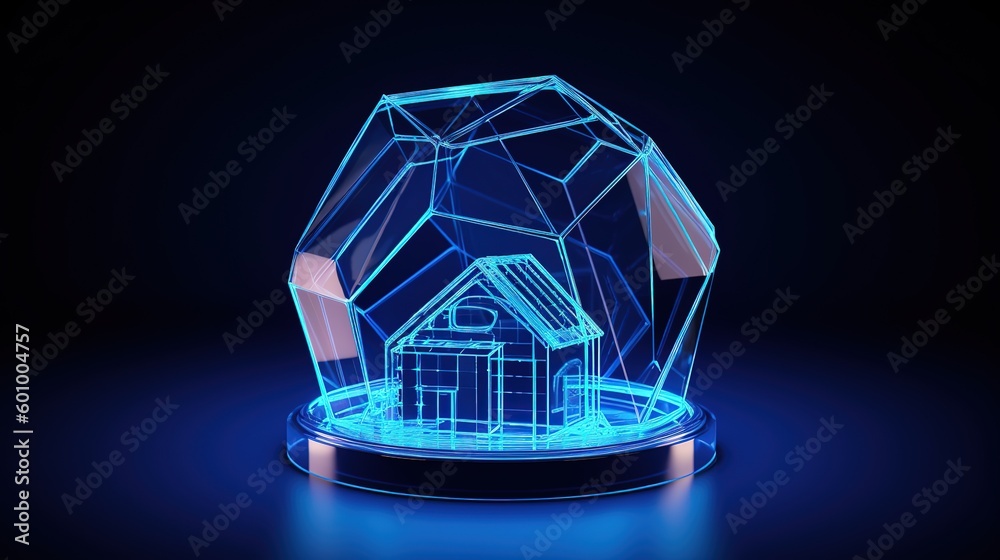 Aufkleber abstract house icon in blue glass dome. low-poly style. abstract neon frame style. generative ai