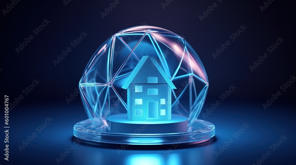 Aufkleber abstract house icon in blue glass dome. low-poly style. abstract neon frame style. generative ai