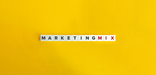 Marketing Mix Banner. Letter Tiles on Yellow Background. Minimal Aesthetics.