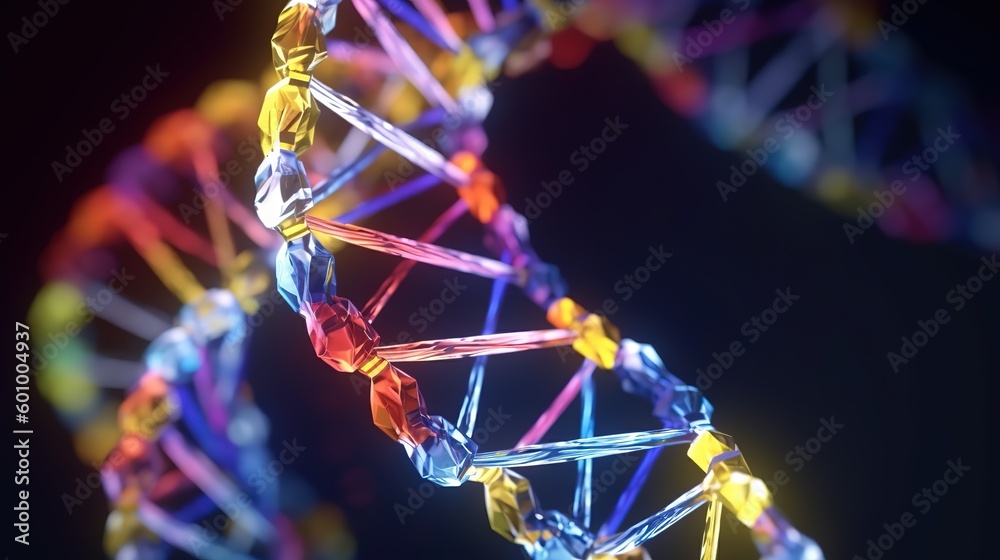Poster abstract blue and purple 3d dna molecule helix. abstract neon frame style. generative ai