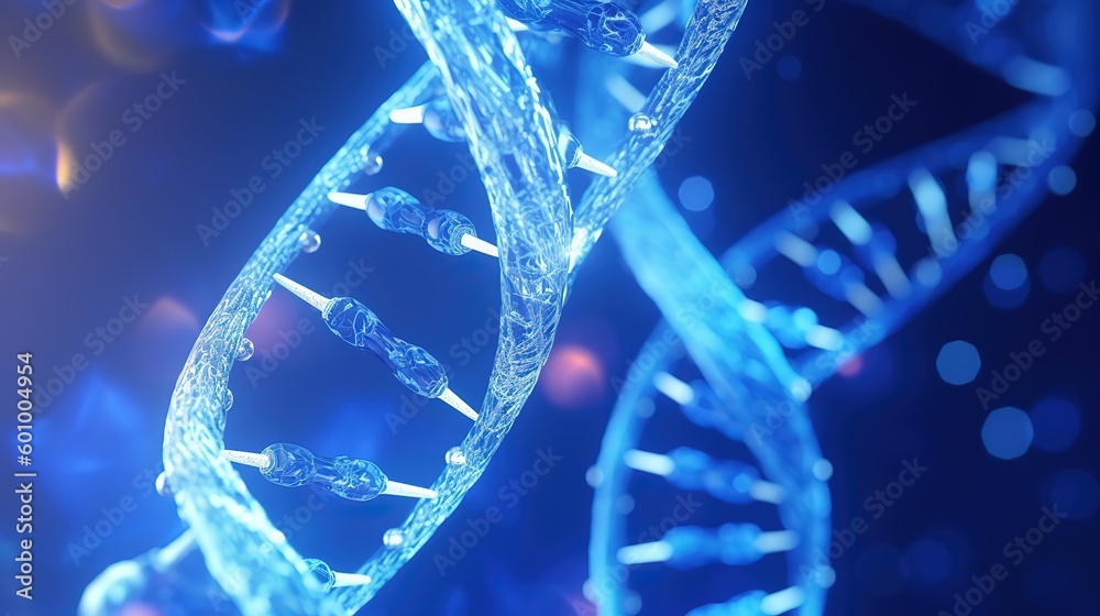 Poster abstract blue and purple 3d dna molecule helix. abstract neon frame style. generative ai