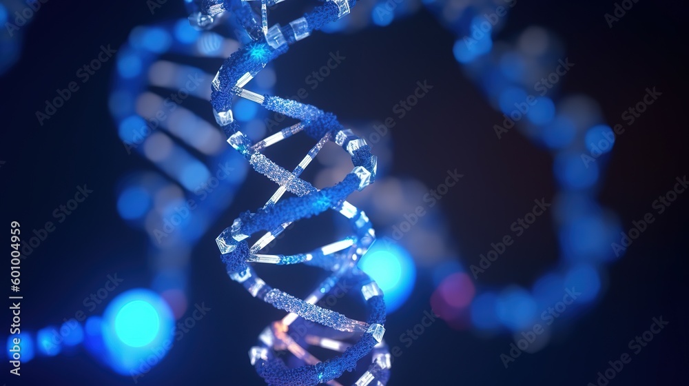 Poster abstract blue and purple 3d dna molecule helix. abstract neon frame style. generative ai